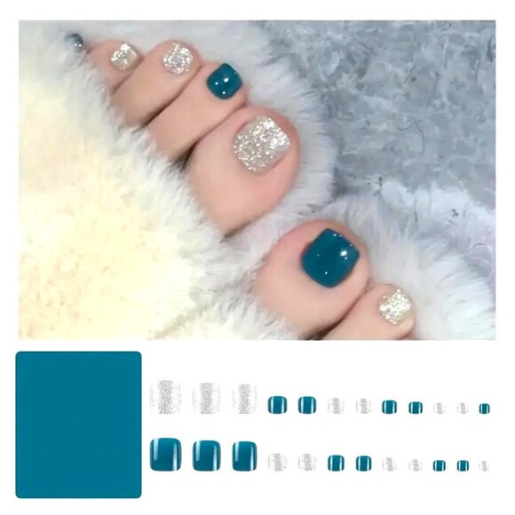 Nails Teal & Silver Glitter Fake Press On 24 Toenails Green Trendy Glam Sparkle - Picture 2 of 5